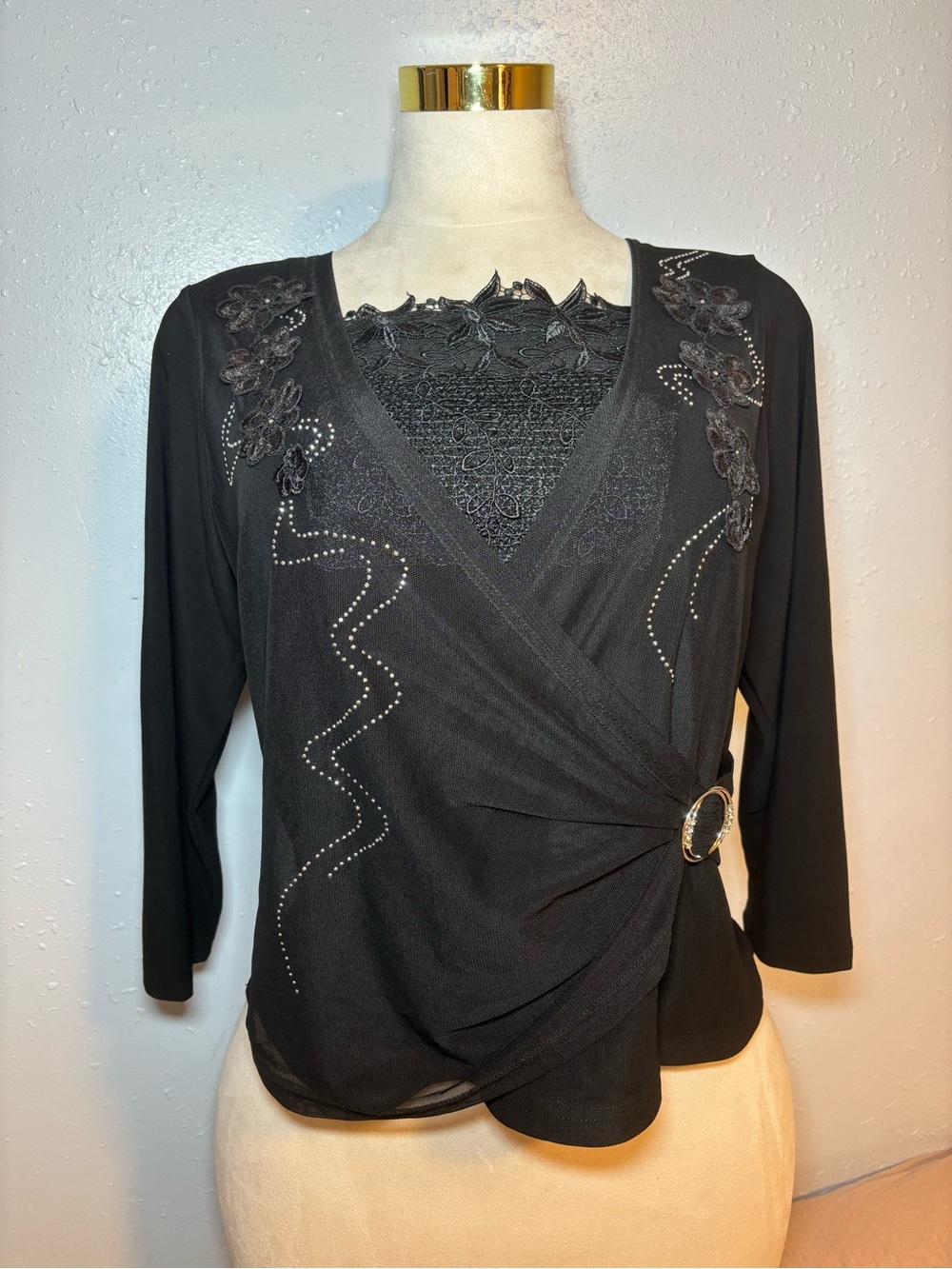 Black Embellished Wrap Blouse with Lace Inset